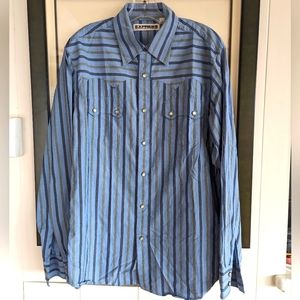 Express Precision Fit Western Blue Striped Long Sleeve Snap Large 100% Cotton